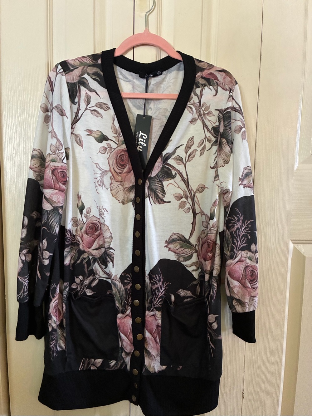 Lily Floral Button-Front Cardigan - Pink, Black, Cream
